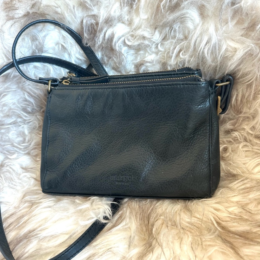 Margot Black Leather Crossbody with Gold Dual Zip Compartments